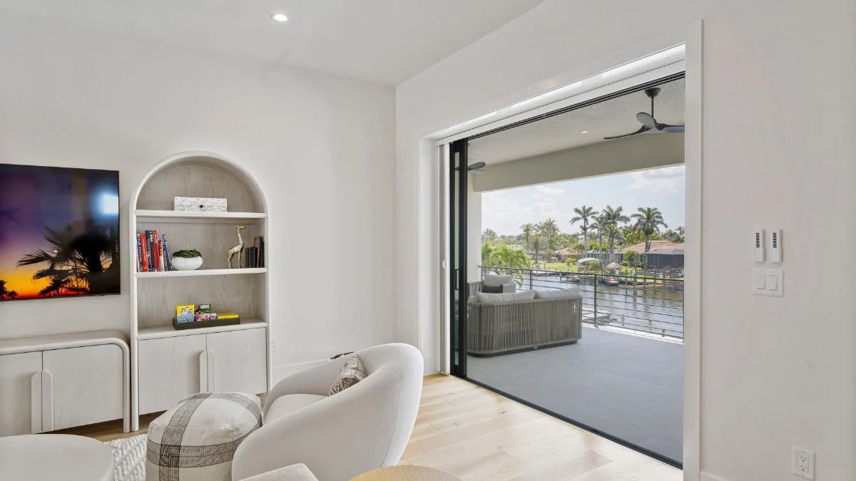 Wide sliding glass door treatment balancing view and light control