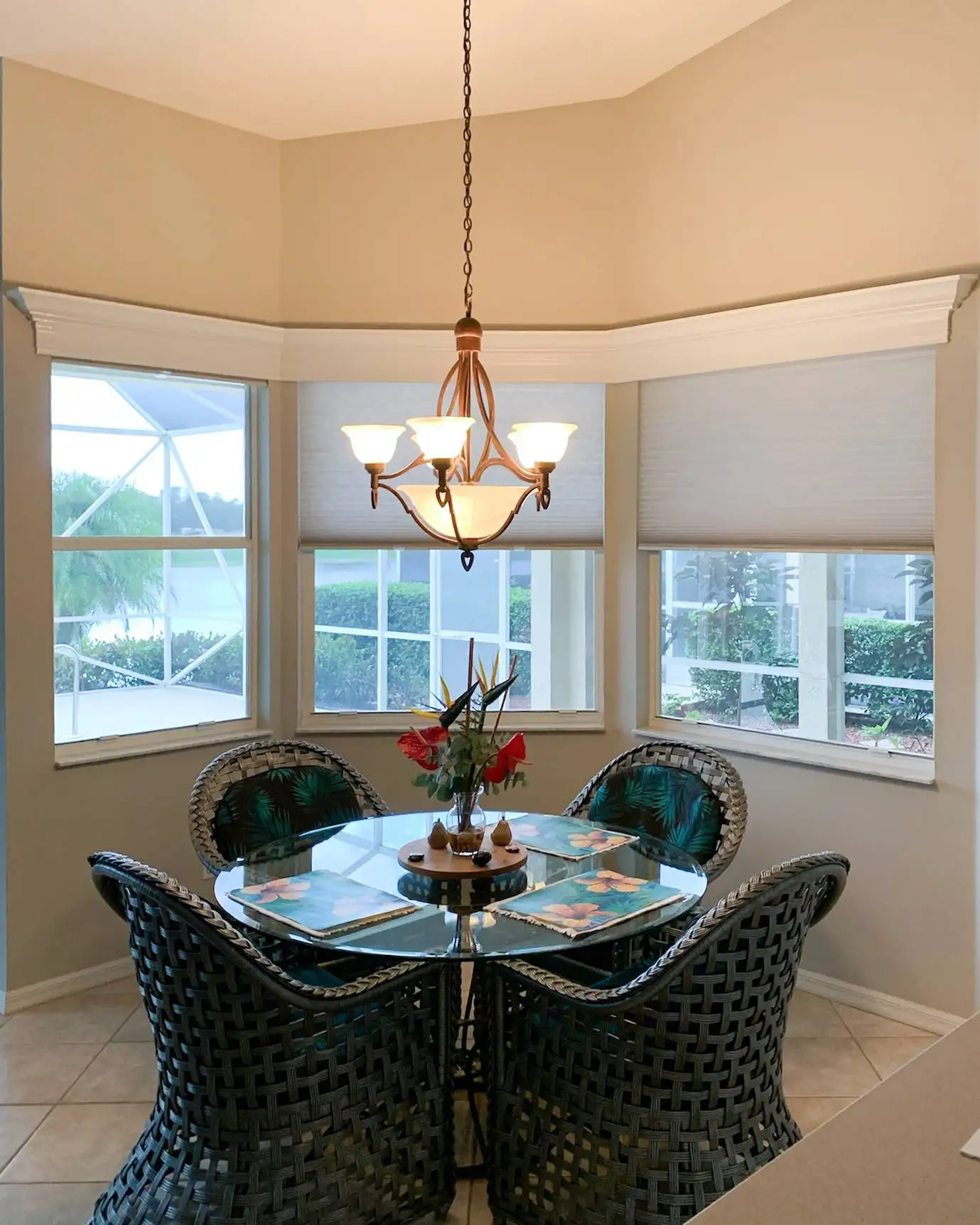 Cellular Shades for bay windows in dining room in backcock ranch