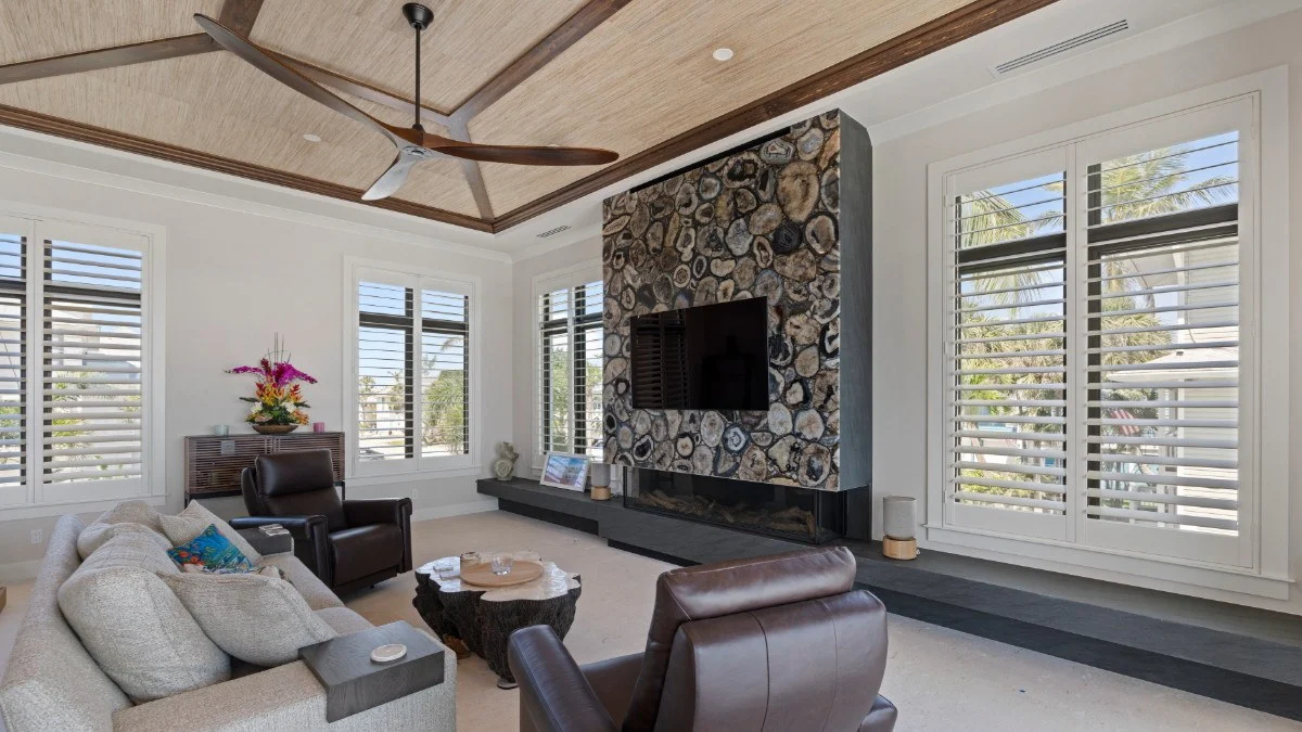 White interior shutters adding tailored architectural detail