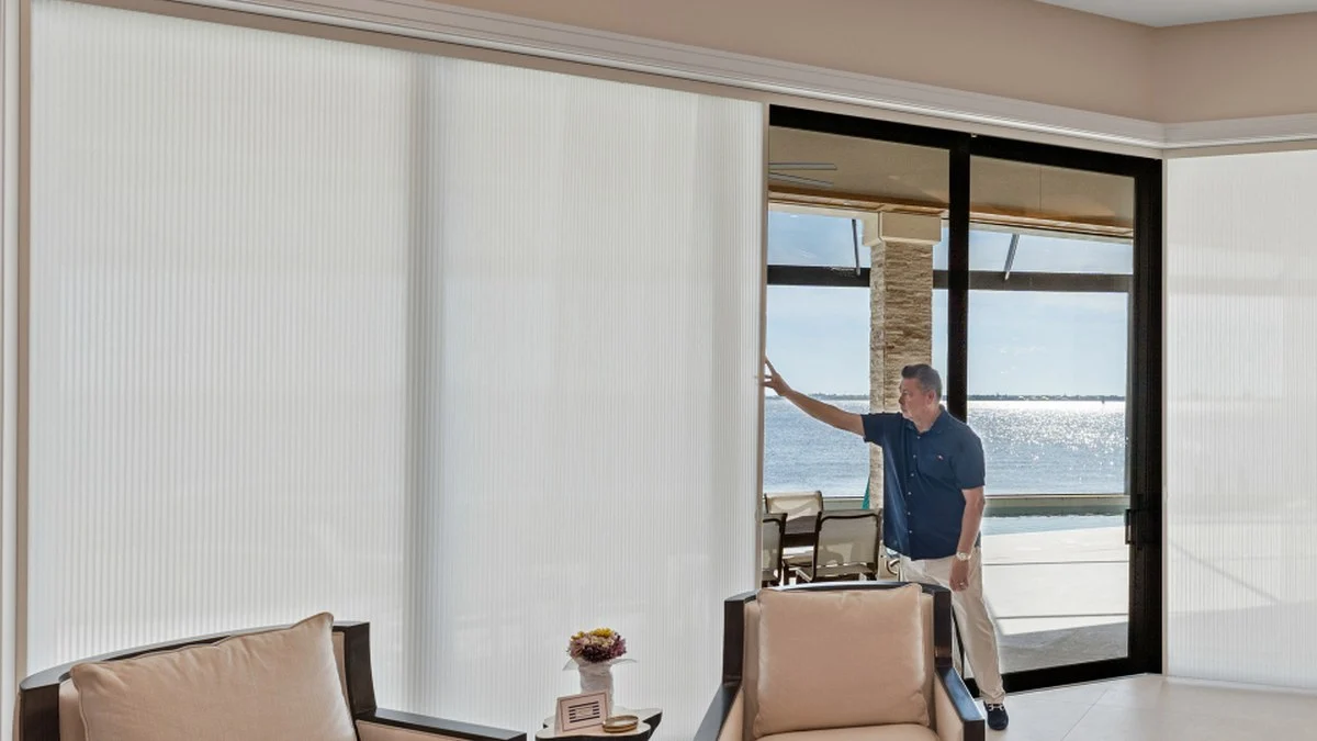 Custom sliding door treatment balancing views and privacy