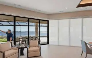 Light Filtering Cellular Sliders Dining Half Door Full Open With Man EV Blinds Light Filtering Cellular Sliders Dining Half Door Full Open With Man by EV Blinds custom window treatments