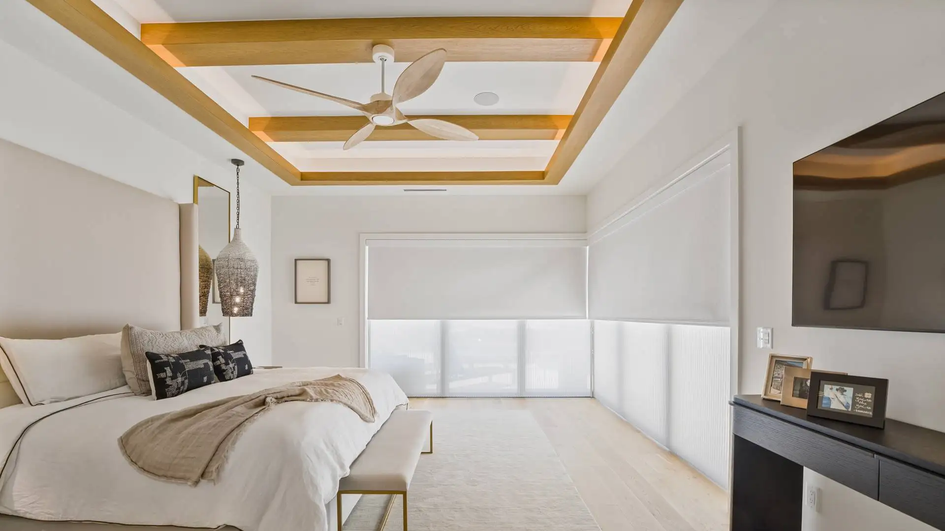 Motorized Slider Double Shades in Bedroom Installation Window Treatments Ev Blinds