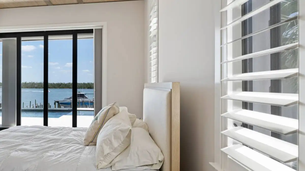 Plantation Shutters Bed Room Open Corner Window Ev Blinds Window Treatment Store 1200x675px