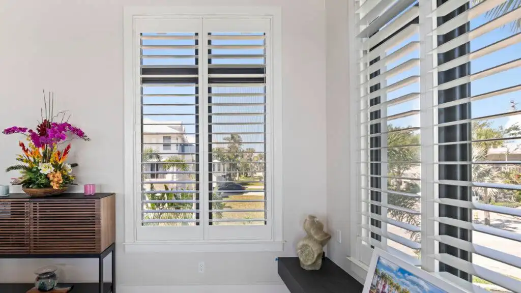 Plantation Shutters Living Room With Flowers Ev Blinds Window Treatment Store 1200x675px