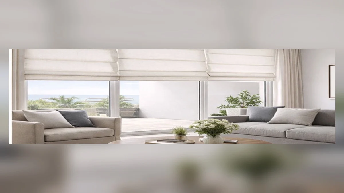 Roman shade fold detail showing the tailored fabric stack above waterfront windows