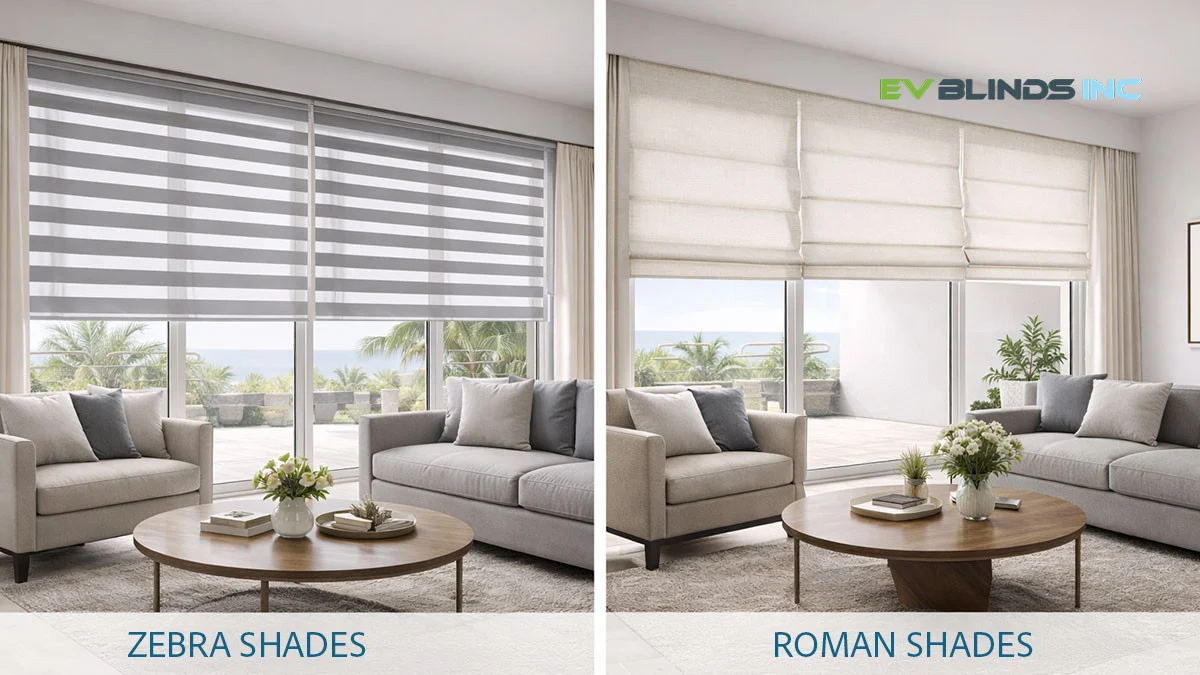 EV Blinds visual comparison of zebra shades and soft-fold Roman shades