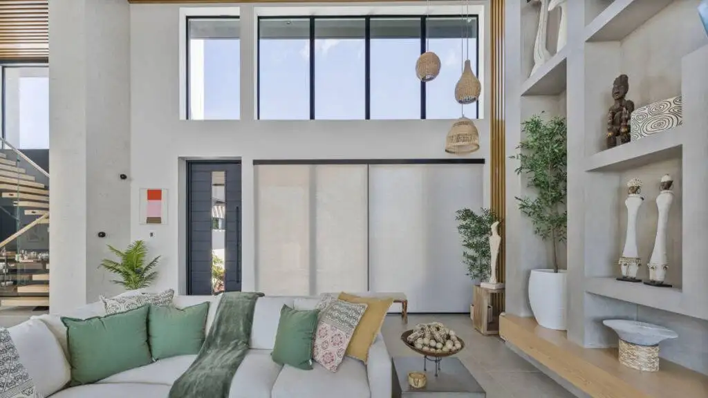 Roller Shades Living Room Full Close Wide Angle by EV Blinds custom window treatments