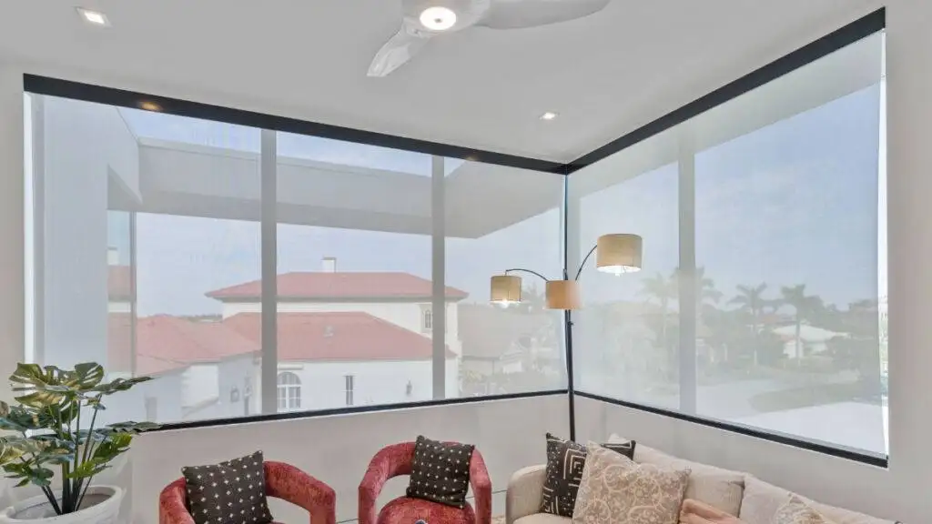 Roller Shades Living Room Full Open by EV Blinds custom window treatments