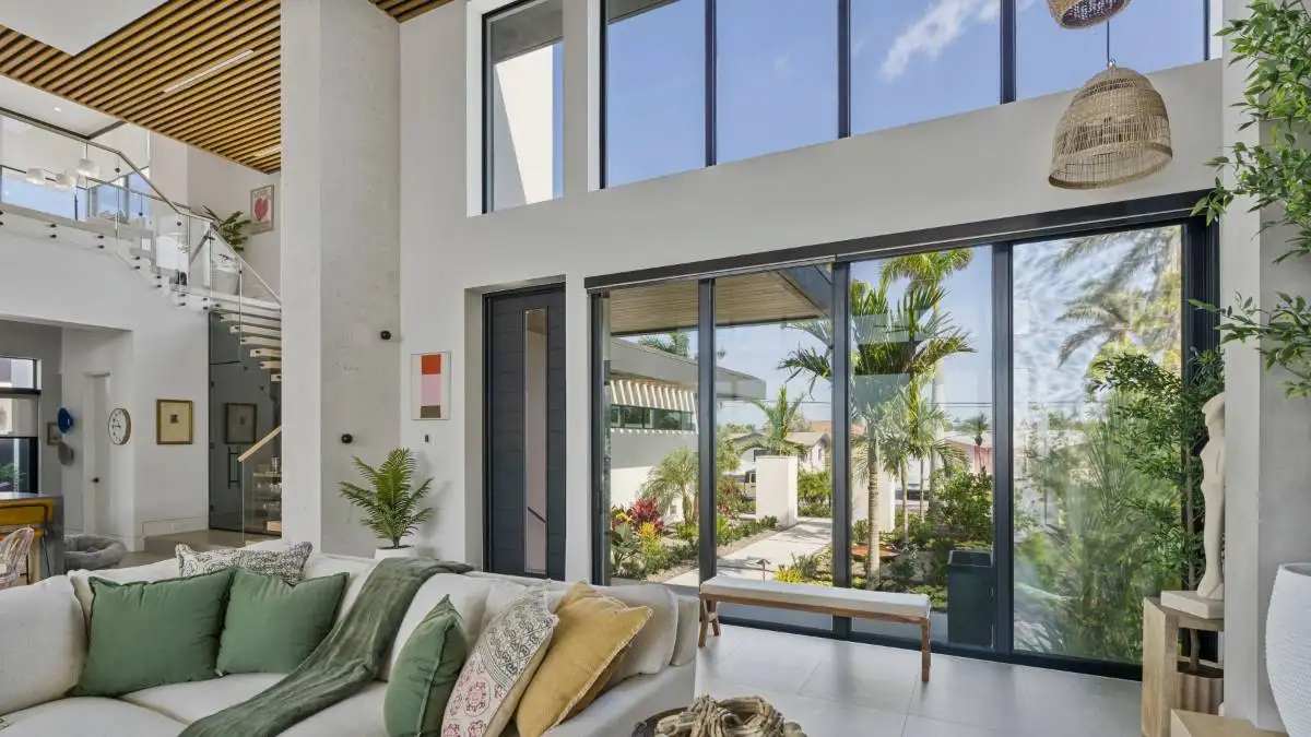 Roller Shades Living Room Wide Angle Full Open Other Angle by EV Blinds custom window treatments
