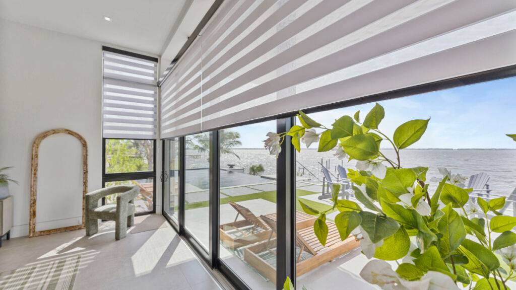 Zebra Blinds Corner Window Beach Front Half Close Angle2 Ev Blinds Treatment Store 1200x675px