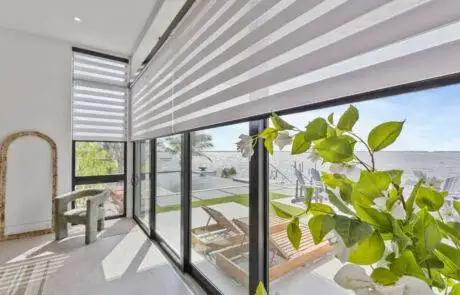 Zebra Blinds Corner Window Beach Front Half Close Angle2 Ev Blinds Treatment Store 1200x675px