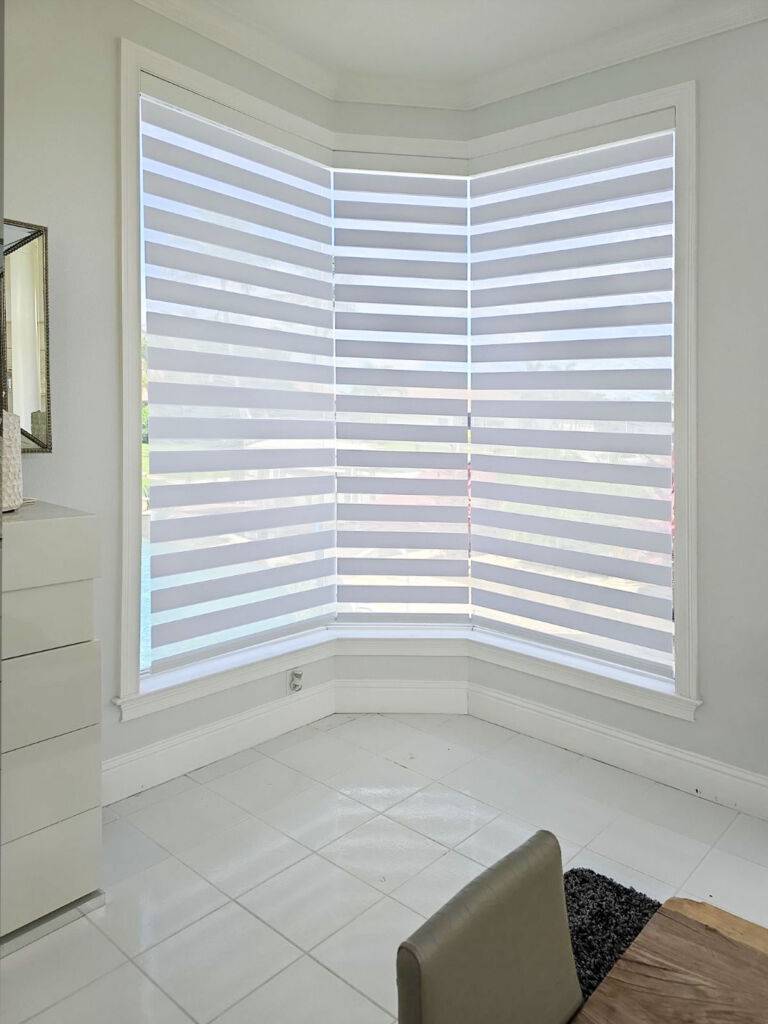 Zero Corner Window Treatment White Zebra Shade Living Room Ev Blinds Window Treatment Store